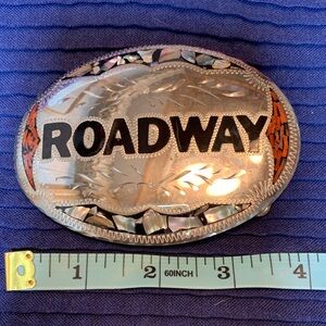 Vintage Roadway Belt Buckle with Mother of Pearl, Jet, Coral inlay